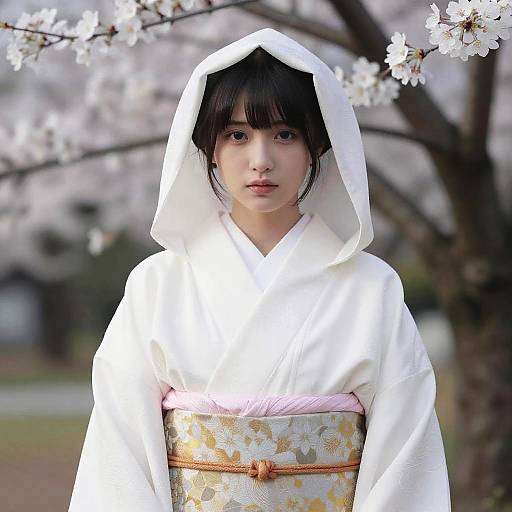 Photograph of a young East Asian woman in a white kimono with a floral-patterned obi, standing under blooming cherry blossoms, her