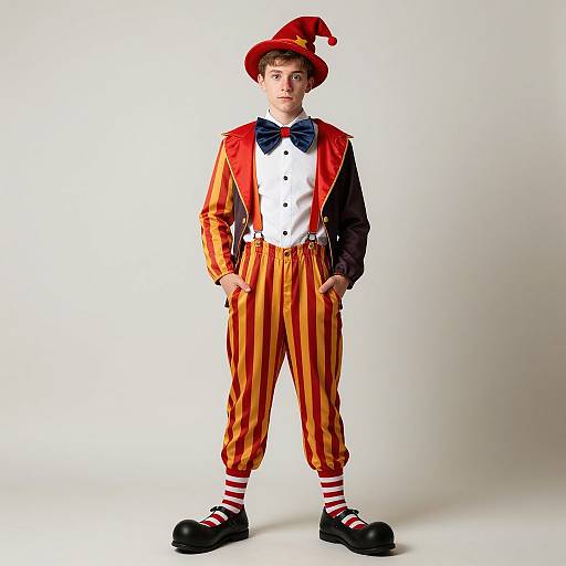 Photograph of a young boy in a red-striped circus outfit, white shirt, blue bow tie, red hat, striped socks, and black shoes,