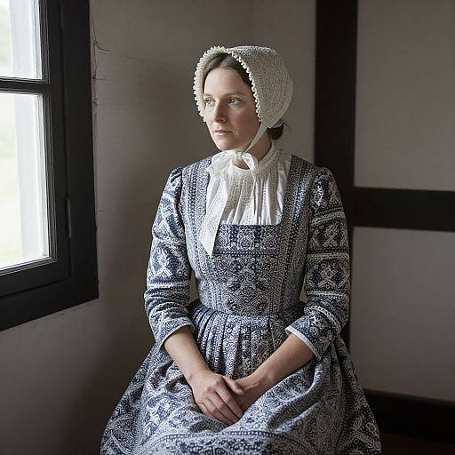 Photograph of a pale-skinned woman with brown hair in a white lace bonnet and blue patterned Victorian dress, seated by a sunlit window