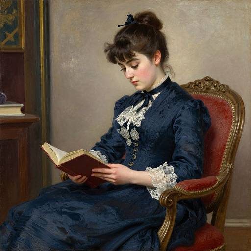 Victorian-era woman with dark hair in an updo, wearing a black lace-trimmed dress, reads a book on a red velvet chair in