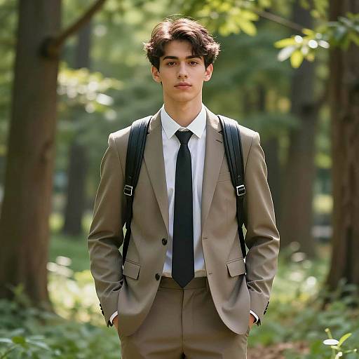 Young Man in Light Brown Suit Outdoors