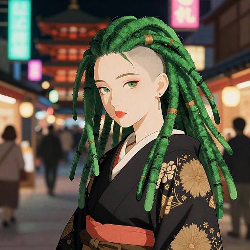 Green Dreadlocked Woman in Solarpunk Ukiyo-e