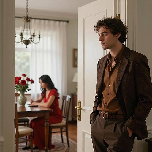Man Leaning on Door with Woman Writing at Dining Table
