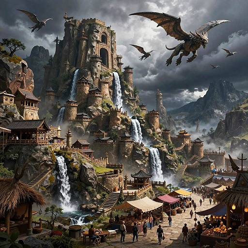 Fantasy marketplace scene with medieval stone towers, cascading waterfalls, flying dragons, cloudy sky, bustling crowd, and market stalls under thatched roofs