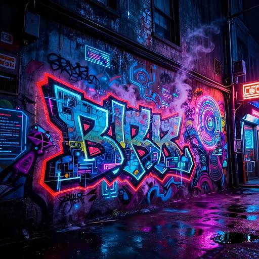 Vibrant neon graffiti on a rainy urban wall, featuring bold blue and pink letters with red outlines, illuminated by vivid streetlights.