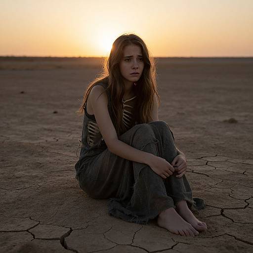 Desolate Young Woman in Barren Landscape