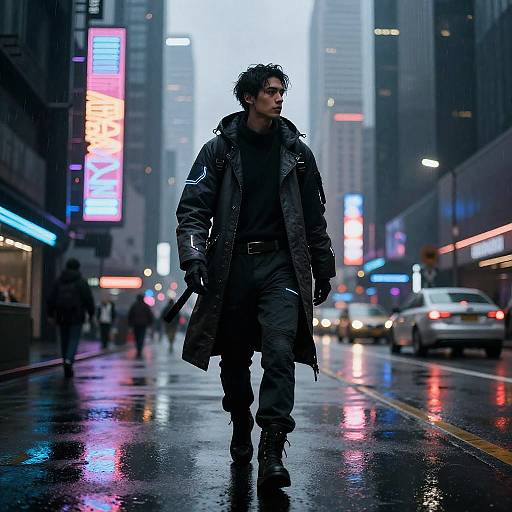 Photograph of a dark-haired man in a long, black coat and gloves walking on a rain-soaked, neon-lit city street at night.