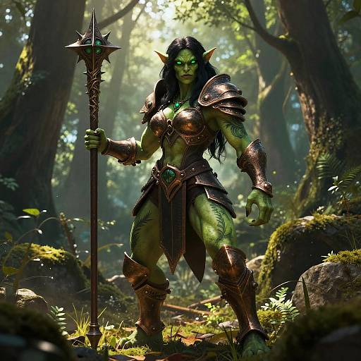 Digital fantasy artwork of a green-skinned, muscular female orc warrior with long black hair, pointed ears, and glowing green eyes, standing in a sun