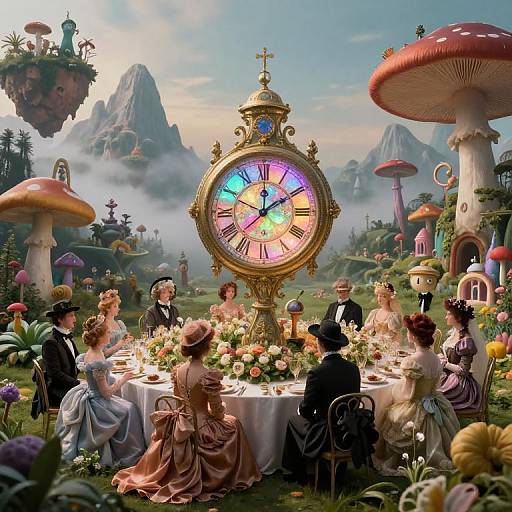 Whimsical fairy-tale scene: Victorian ladies in elegant dresses gather around a glowing, ornate clock in a mushroom forest, surrounded by mountains and