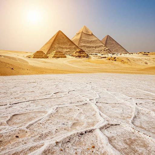 Photograph of three pyramids in a desert, with sunlit sand, textured white ground, and clear blue sky in the background.