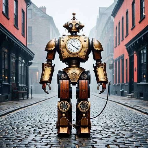 Victorian Robot in Foggy Cobblestone Streets