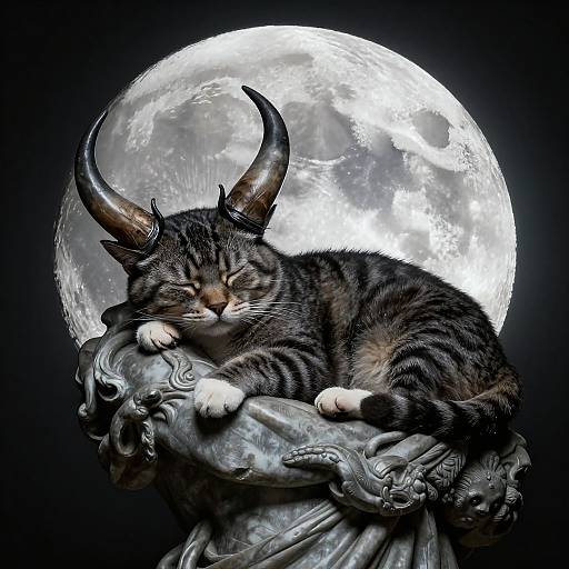 Photograph of a grumpy, horned tabby cat with closed eyes, lounging on a detailed, grey stone sculpture, against a bright full