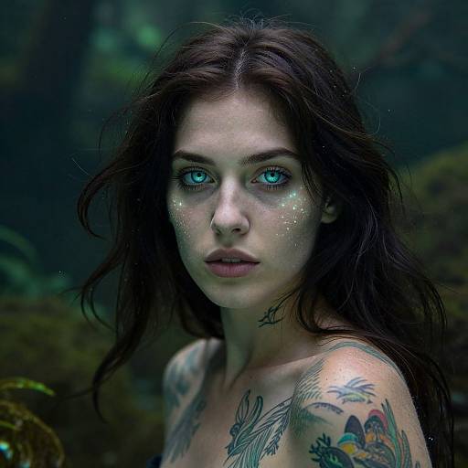 Photorealistic digital portrait of a pale, tattooed woman with blue glowing eyes, long dark hair, and forest background, featuring sparkly face paint