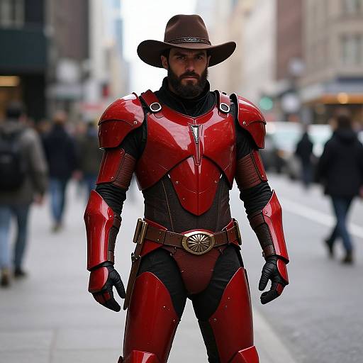 Photograph of a bearded man in a red, shiny, Iron Man-inspired armor with a brown cowboy hat, standing on a blurred urban street.