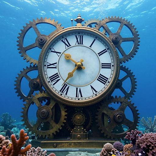 Photograph of an underwater steampunk clock with large gears, black Roman numerals, gold hands, surrounded by coral and ocean floor.