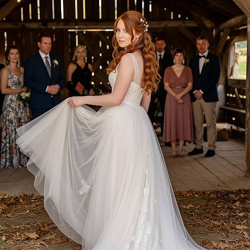 Photograph of a red-haired bride in a white lace and tulle wedding dress, holding her skirt, inside a rustic wooden barn with guests in the