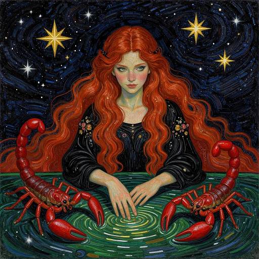 Digital painting of a red-haired woman with long waves, wearing a black top, hands on water, surrounded by two red crabs, under a star