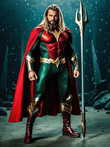 Photorealistic digital artwork of a muscular, bearded man with long blonde hair, wearing a red and black superhero costume with gold accents, red cape