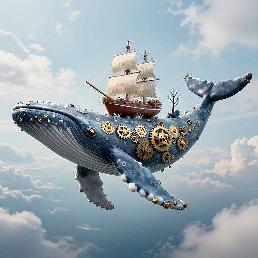 Digital artwork of a blue whale with gold gears on its body, carrying a white-sailed wooden ship in a bright, cloudy sky.