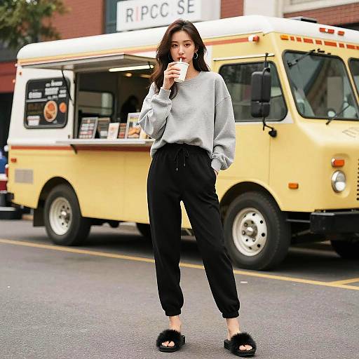 Woman enjoying drink by yellow food truck