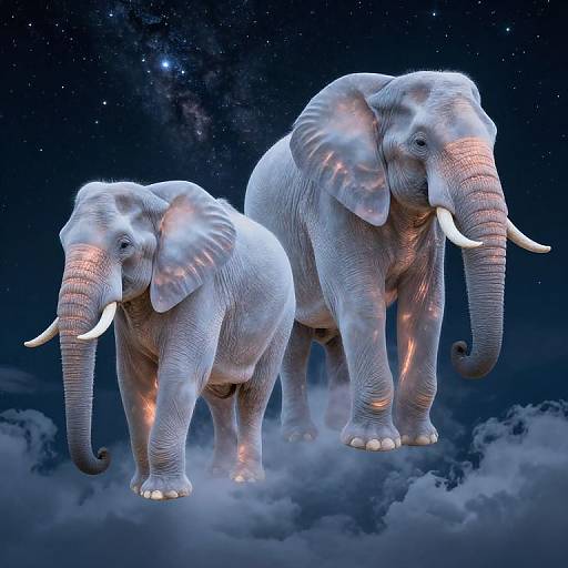 Digital artwork of two majestic, glowing white elephants with long tusks standing on clouds under a starry night sky.