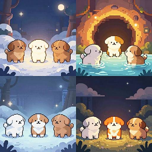 Pixel Art Puppies in Fantasy Scenes