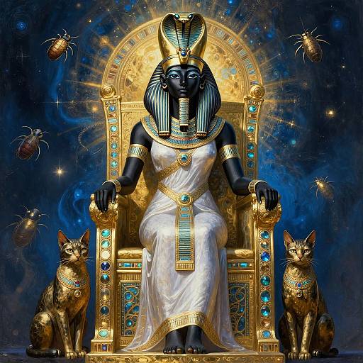 Digital art of a black-skinned, Anubis-like deity with an Egyptian headdress, sitting on a golden throne, surrounded by blue, star