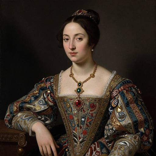 Photorealistic painting of a regal, pale-skinned woman with dark hair, wearing an elaborate, embroidered Renaissance dress and gold jewelry, against a
