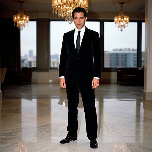 Photograph of a serious, dark-haired man in a black suit and tie standing in a luxurious, marble-floored room with chandeliers and