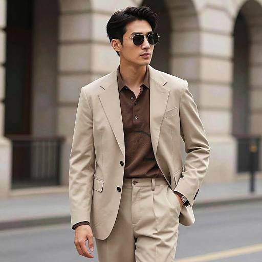 Photograph of a stylish Asian man in a beige suit, brown shirt, and sunglasses, walking confidently on a city street.