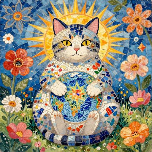 Digital illustration of a mosaic cat with a glowing sun halo, holding a colorful Earth, surrounded by vibrant flowers in a blue sky.