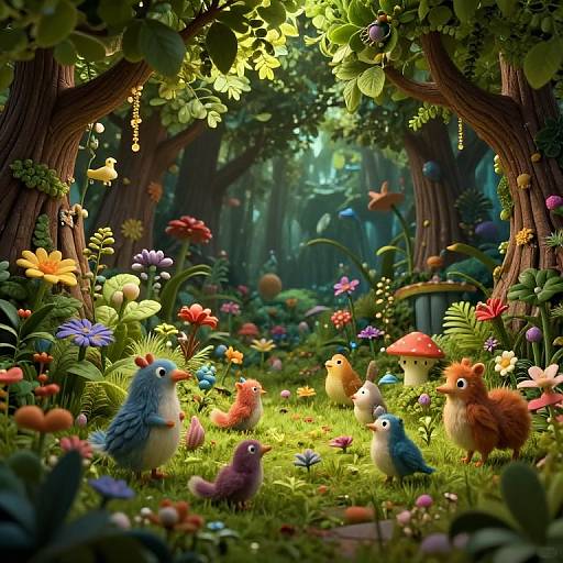 Whimsical CGI forest scene with colorful, fluffy birds and mushrooms, vibrant flowers, lush greenery, and soft sunlight filtering through trees.