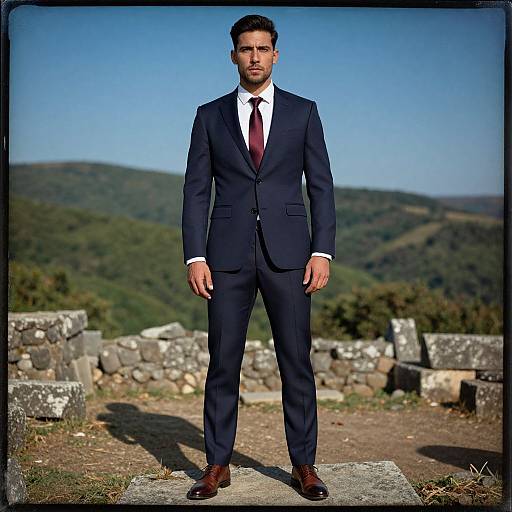 Photograph of a handsome man in a dark navy suit, white shirt, and burgundy tie, standing on a stone ledge with a lush, h
