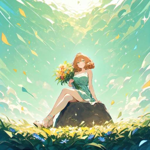 Cheerful Woman with Flower Bouquet in Nature Cheerful Woman with Flower Bouquet in Nature