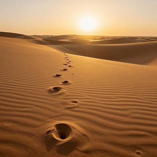 Photograph of a golden desert sunset with a single footpath of deep, oval-shaped sand impressions leading to the glowing horizon.