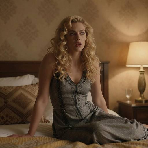Intense Blonde Woman on Patterned Bed