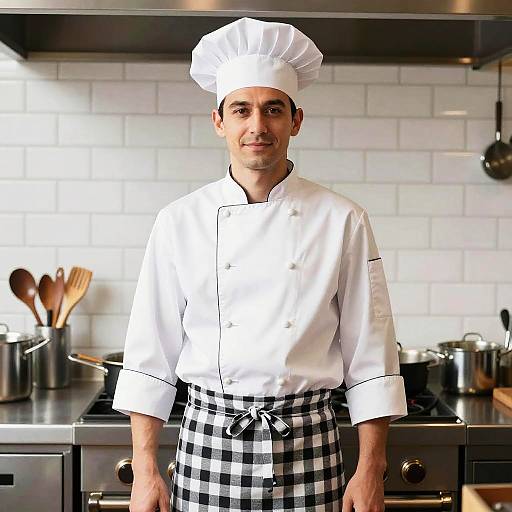 Photograph of a male chef with light skin, wearing a white chef's hat and double-breasted white shirt, black-and-white checkered apron