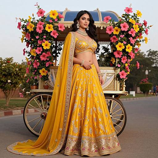 Photograph of a beautiful Indian woman in a vibrant yellow traditional lehenga with gold embroidery, standing beside a decorated flower-laden horse-drawn carriage.