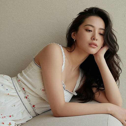 Photograph of an attractive Asian woman with long, wavy black hair, wearing a white floral dress, lying on a beige couch, resting her head