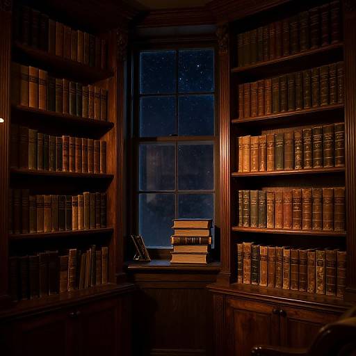 Photograph of a dimly lit, wooden library nook with bookshelves flanking a window, stacked books on the sill, and a snowy