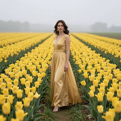 Photograph of a brunette woman in a golden, sleeveless, floor-length dress standing in a vast, yellow tulip field.
