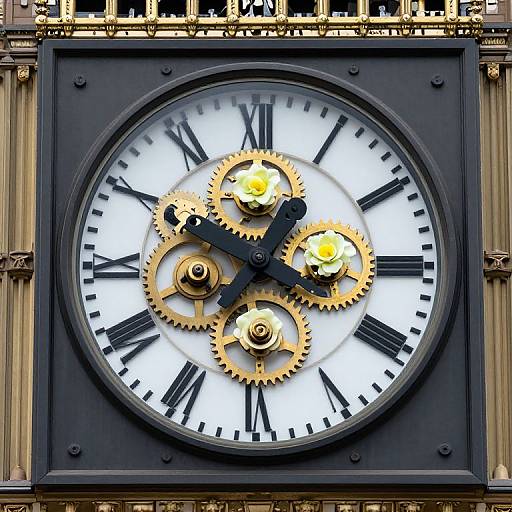 Photograph of a large, ornate clock with black Roman numerals, gold gears, black hands, and a white face, set in an architectural