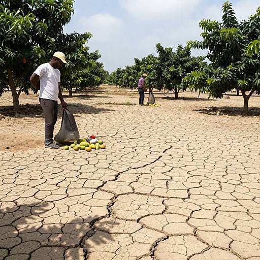Photograph of a dry, cracked orchard with two people; one man in white shirt, cap, and pants, carrying a bag of apples,