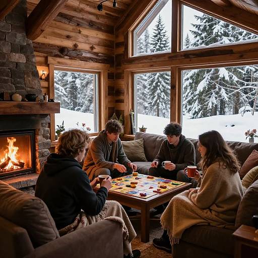 Photograph of four people, warmly dressed, playing board game by a roaring fireplace in a wooden log cabin with snowy forest views.