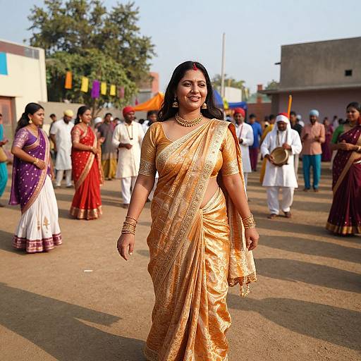 Photograph of a confident Indian woman in a golden saree, adorned with jewelry, walking in a vibrant outdoor festival with other dressed attendees in colorful attire