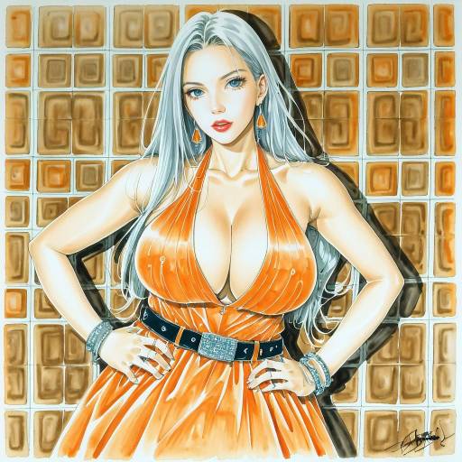 Elegant Girl in Orange Dress with Jewelry
