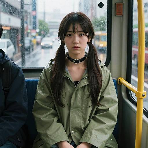 Young Woman in Raincoat Sitting on Bus