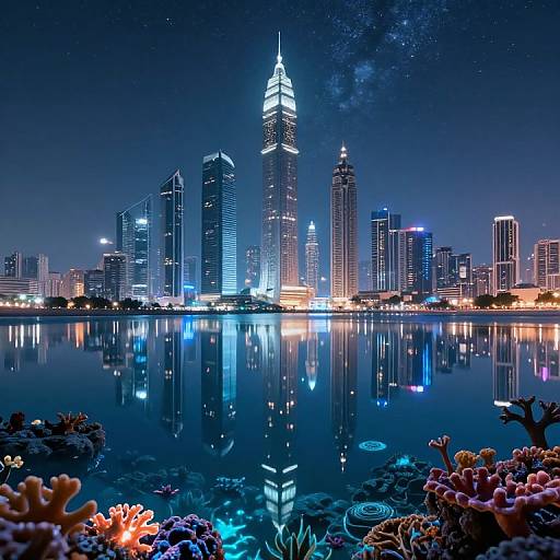 Photograph of a vibrant, nighttime cityscape with illuminated skyscrapers reflecting on a calm, starry lake, surrounded by colorful corals in the