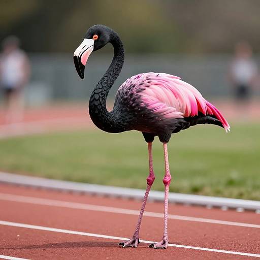 Photograph of a black and pink flamingo with a curved neck, standing on red track with blurred background, grass, and athletes.