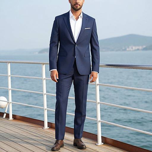 Photograph of a bearded man in a navy blue suit, white shirt, brown shoes, standing on a wooden deck by the sea.